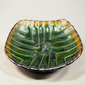 Hand Blown Italian Venetian Art Glass Dish Bowl Centerpiece Green‎ Orange Edges